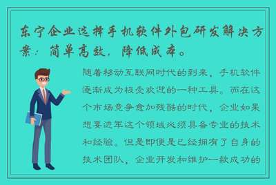 東寧企業(yè)選擇手機軟件外包研發(fā) 實現(xiàn)移動互聯(lián)網(wǎng)高效開發(fā)與低成本維護的解決方案